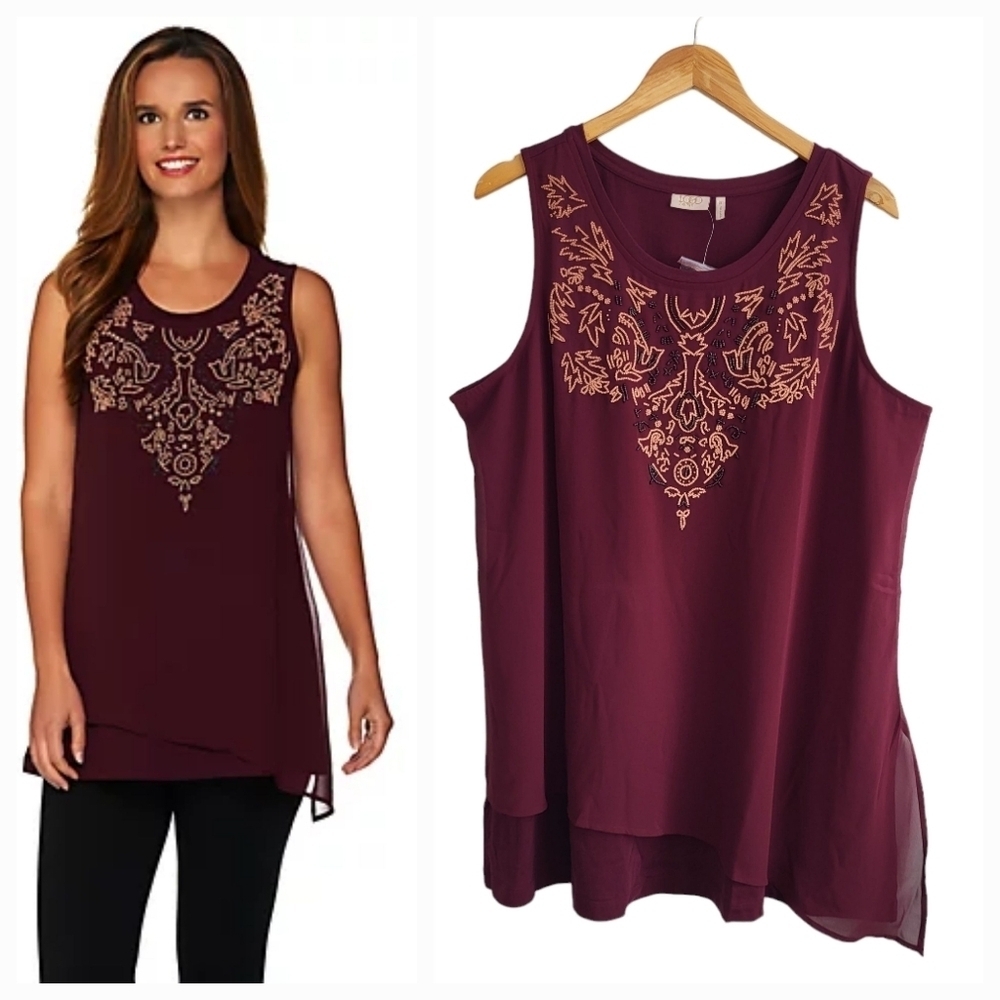 LOGO by Lori Goldstein Burgundy Tank Top with Gold Embroidery